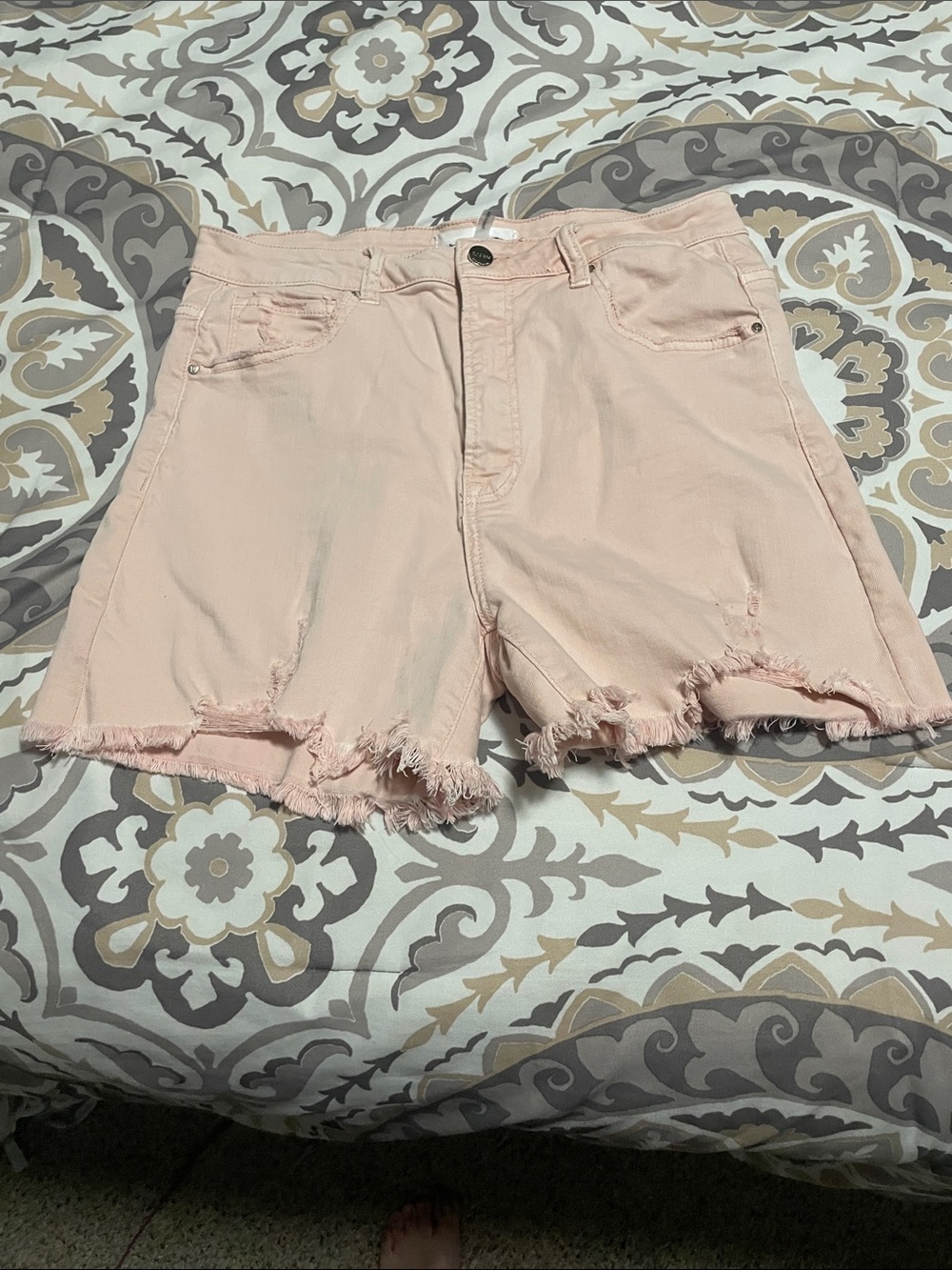 High-Rise Light Pink Frayed Denim Shorts